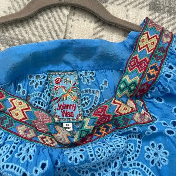 Johnny Was embroidered peasant top in Azure Blue - Picture 5 of 12